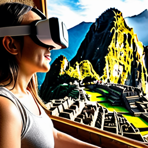 **A person wearing a VR headset, seemingly amazed by a virtual recreation of Machu Picchu. Sunlight streams into the room, highlighting the futuristic technology contrasting with the ancient wonder.** (Focus: Accessibility and wonder of virtual tourism for those with limitations.)