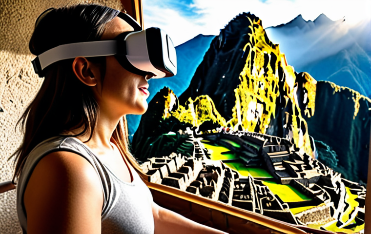 **A person wearing a VR headset, seemingly amazed by a virtual recreation of Machu Picchu. Sunlight streams into the room, highlighting the futuristic technology contrasting with the ancient wonder.** (Focus: Accessibility and wonder of virtual tourism for those with limitations.)
