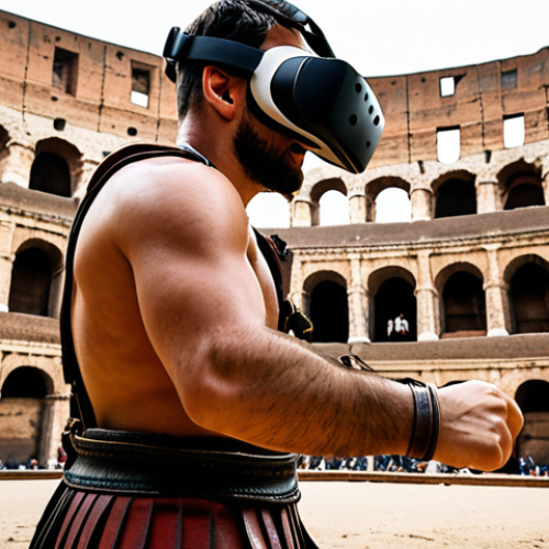 **A person wearing a VR headset experiencing a gladiatorial combat in the Colosseum in Rome.** (Focus: immersive historical experience, VR technology, ancient Rome)