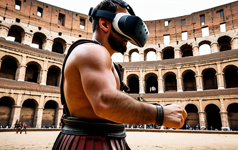 **A person wearing a VR headset experiencing a gladiatorial combat in the Colosseum in Rome.** (Focus: immersive historical experience, VR technology, ancient Rome)